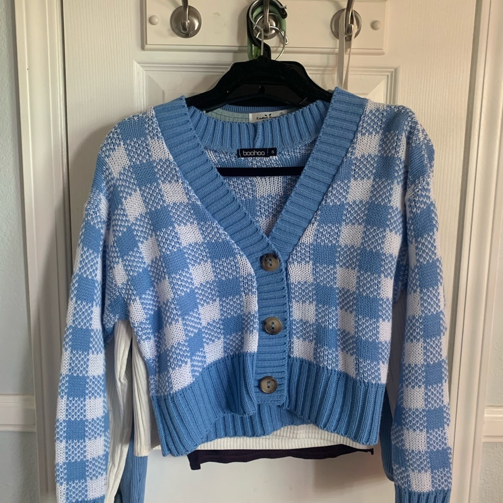 Blue and white gingham button up cardigan
